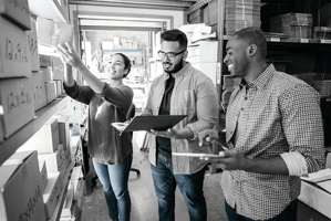 Team of executives in a strategy meeting discussing competitive advantage and market positioning